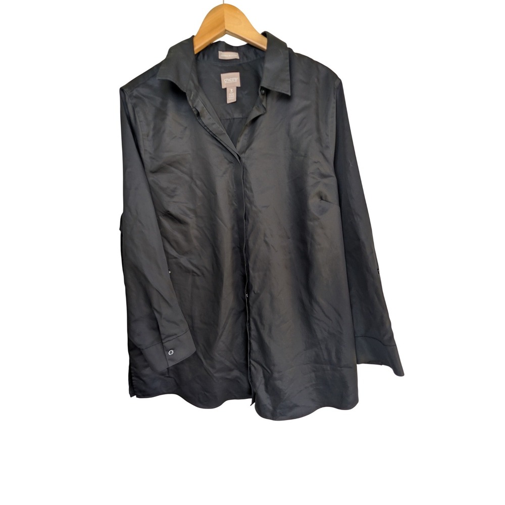 CHICOS Wrinkle Resistant Black Cotton Roll Tab Button Down Blouse Womens Size 3